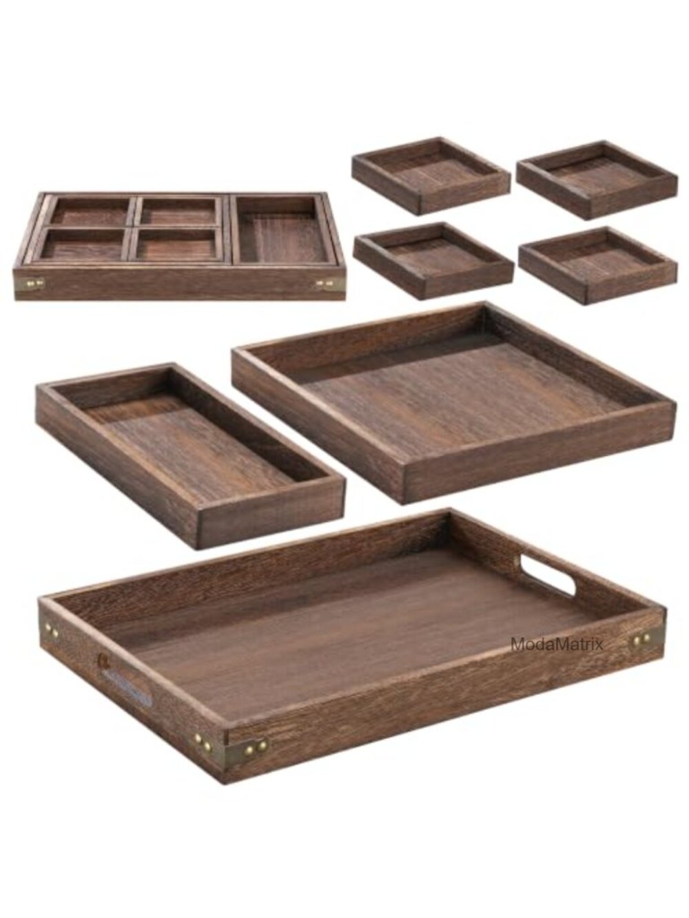 Wood Serving Tray Set of 7 Nesting Rectangular Trays with Handle